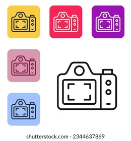 Black line Photo camera icon isolated on white background. Foto camera. Digital photography. Set icons in color square buttons. Vector