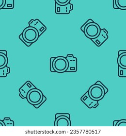 Black line Photo camera icon isolated seamless pattern on green background. Foto camera. Digital photography.  Vector