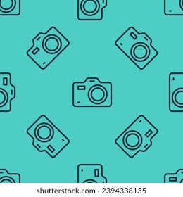 Black line Photo camera icon isolated seamless pattern on green background. Foto camera. Digital photography.  Vector