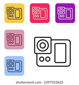 Black line Photo camera icon isolated on white background. Foto camera icon. Set icons in color square buttons. Vector Illustration