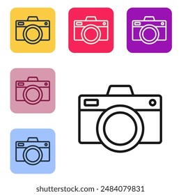 Black line Photo camera icon isolated on white background. Foto camera icon. Set icons in color square buttons. Vector