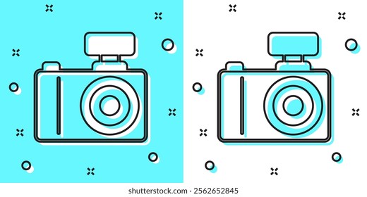 Black line Photo camera icon isolated on green and white background. Foto camera. Digital photography. Random dynamic shapes. Vector