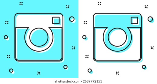 Black line Photo camera icon isolated on green and white background. Foto camera. Digital photography. Random dynamic shapes. Vector