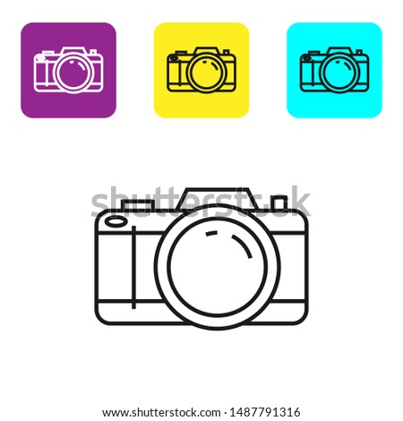 Black line Photo camera icon isolated on white background. Foto camera icon. Set icons colorful square buttons. Vector Illustration