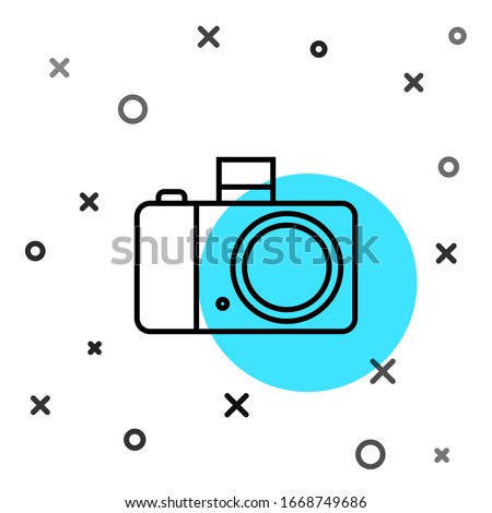 Black line Photo camera icon isolated on white background. Foto camera icon. Random dynamic shapes. Vector Illustration