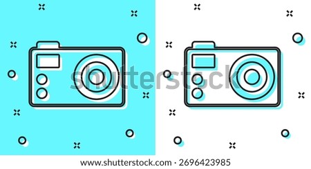 Black line Photo camera icon isolated on green and white background. Foto camera. Digital photography. Random dynamic shapes. Vector