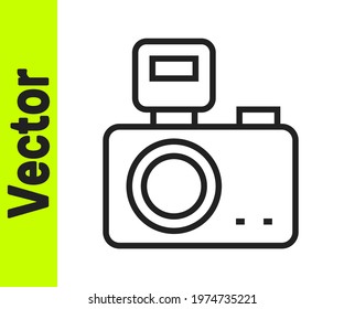 Black line Photo camera with lighting flash icon isolated on white background. Foto camera. Digital photography.  Vector