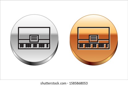 Black line Piano icon isolated on white background. Musical instrument. Silver-gold circle button. Vector Illustration