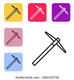 Black line Pickaxe icon isolated on white background. Set icons in color square buttons. Vector Illustration