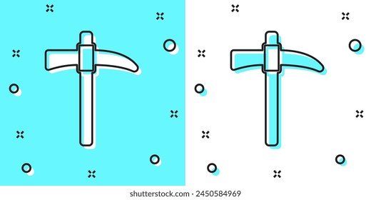 Black line Pickaxe icon isolated on green and white background. Random dynamic shapes. Vector