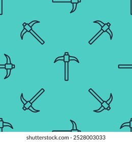 Black line Pickaxe icon isolated seamless pattern on green background.  Vector