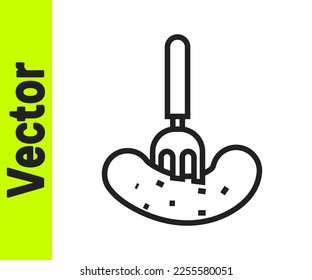 Black line Pickled cucumber on a fork icon isolated on white background.  Vector Illustration