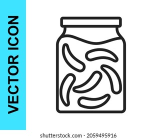 Black line Pickled cucumbers in a jar icon isolated on white background.  Vector