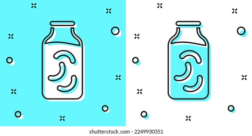 Black line Pickled cucumbers in a jar icon isolated on green and white background. Random dynamic shapes. Vector