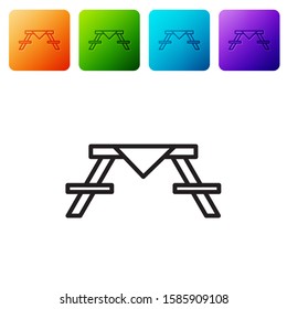 Black line Picnic table with benches on either side of the table icon isolated on white background. Set icons in color square buttons. Vector Illustration