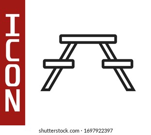 Tabla Picnic de línea negra con bancos a ambos lados del icono de tabla aislado en fondo blanco. Ilustración vectorial