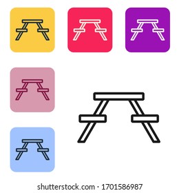 Black line Picnic table with benches on either side of the table icon isolated on white background. Set icons in color square buttons. Vector Illustration