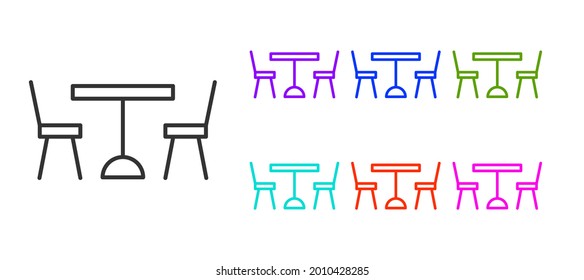 Mesa picnic de línea negra con sillas a ambos lados del icono de la mesa aisladas en fondo blanco. Indique los iconos en colores. Vector