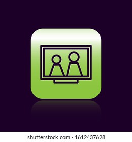 Black line Picture frame on table icon isolated on black background. Green square button. Vector Illustration