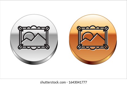 Black line Picture landscape icon isolated on white background. Silver-gold circle button. Vector Illustration