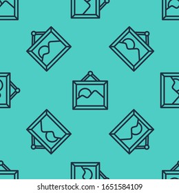 Black line Picture landscape icon isolated seamless pattern on green background.  Vector Illustration