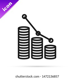 Black line Pie chart infographic and coin icon isolated on white background. Diagram chart sign.   Vector Illustration