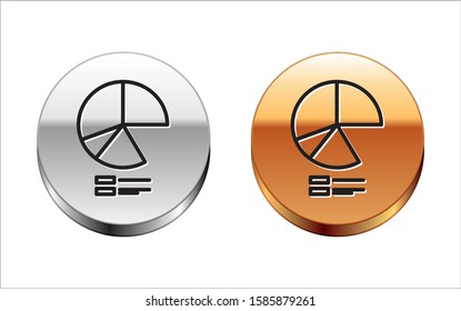 Black line Pie chart infographic icon isolated on white background. Diagram chart sign. Silver-gold circle button. Vector Illustration