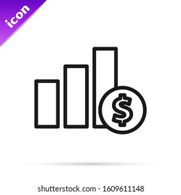 Black line Pie chart infographic and dollar symbol icon isolated on white background. Diagram chart sign.  Vector Illustration