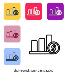 Icono de símbolo del dólar e infografía de gráfico circular de línea negra aislado en fondo blanco. Signo del diagrama. Establecer iconos en botones cuadrados de color. Ilustración vectorial