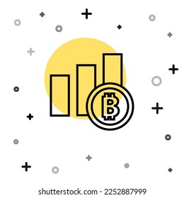 Icono de bitcoin de la gráfica circular de línea negra aislado en fondo blanco. Signo de diagrama de diagrama. Formas dinámicas aleatorias. Vector