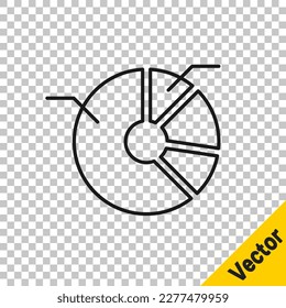 Icono de infografía de gráfico circular de línea negra aislado en fondo transparente. Signo de diagrama de diagrama.  Vector