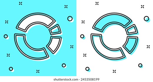 Black line Pie chart infographic icon isolated on green and white background. Diagram chart sign. Random dynamic shapes. Vector