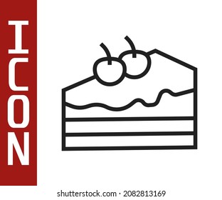 Black line Piece of cake icon isolated on white background. Happy Birthday.  Vector