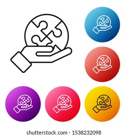 Black line Piece of puzzle in hand icon isolated on white background. Business, marketing, finance, template, layout, infographics concept. Set icons colorful circle buttons. Vector Illustration