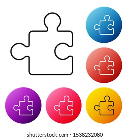 Black line Piece of puzzle icon isolated on white background. Modern flat, business, marketing, finance, internet concept. Set icons colorful circle buttons. Vector Illustration