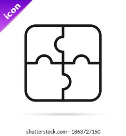 Black line Piece of puzzle icon isolated on white background. Business, marketing, finance, template, layout, infographics, internet concept.  Vector