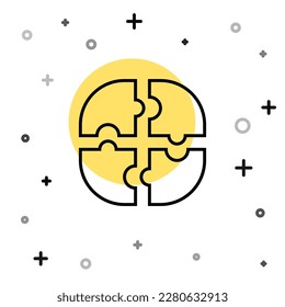 Black line Piece of puzzle icon isolated on white background. Business, marketing, finance, template, layout, infographics, internet concept. Random dynamic shapes. Vector