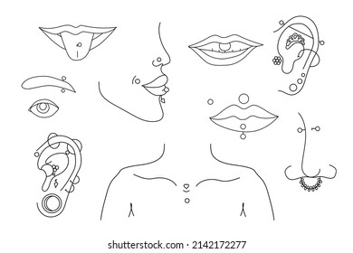 Black line Piercing lineart isolated on white background. Vector set