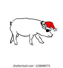 Black line pig with eyeglasses, headphones and red santa hat drawing. Vector sketch at white background.