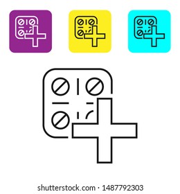 Black line Pills in blister pack icon isolated on white background. Medical drug package for tablet: vitamin, antibiotic, aspirin. Set icons colorful square buttons. Vector Illustration