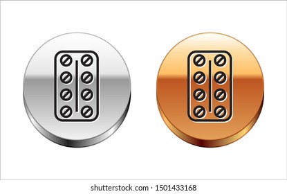 Black line Pills in blister pack icon isolated on white background. Medical drug package for tablet: vitamin, antibiotic, aspirin. Silver-gold circle button. Vector Illustration