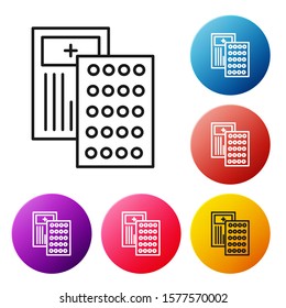 Black line Pills in blister pack icon isolated on white background. Medical drug package for tablet, vitamin, antibiotic, aspirin. Set icons colorful circle buttons. Vector Illustration