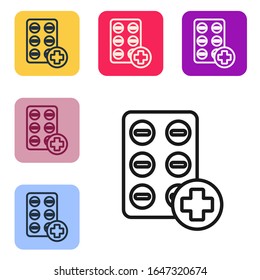Black line Pills in blister pack icon isolated on white background. Medical drug package for tablet, vitamin, antibiotic, aspirin. Set icons in color square buttons. Vector Illustration