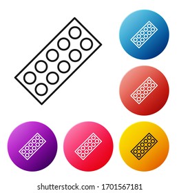 Black line Pills in blister pack icon isolated on white background. Medical drug package for tablet, vitamin, antibiotic, aspirin. Set icons colorful circle buttons. Vector Illustration