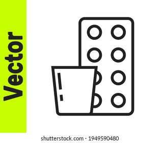 Black line Pills in blister pack icon isolated on white background. Medical drug package for tablet, vitamin, antibiotic, aspirin.  Vector