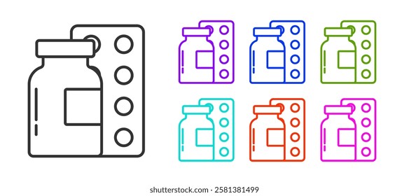 Black line Pills in blister pack icon isolated on white background. Medical drug package for tablet, vitamin, antibiotic, aspirin. Set icons colorful. Vector