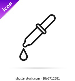 Black line Pipette icon isolated on white background. Element of medical, chemistry lab equipment. Pipette with drop. Medicine symbol.  Vector