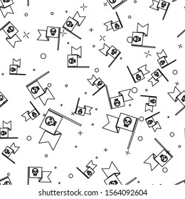 Black line Pirate flag with skull icon isolated seamless pattern on white background.  Vector Illustration