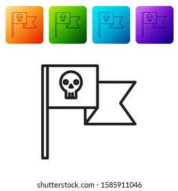 Black line Pirate flag with skull icon isolated on white background. Set icons in color square buttons. Vector Illustration