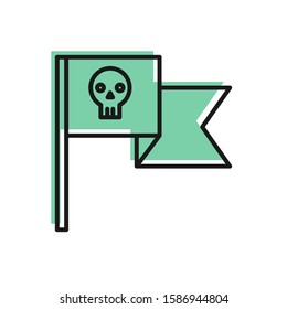 Black line Pirate flag with skull icon isolated on white background.  Vector Illustration